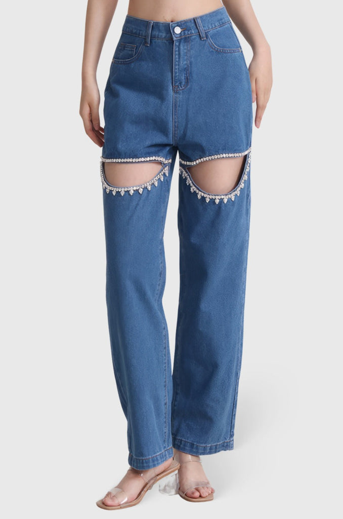 Jeans met hoge taille en uitsnijdingen - Donkerblauw