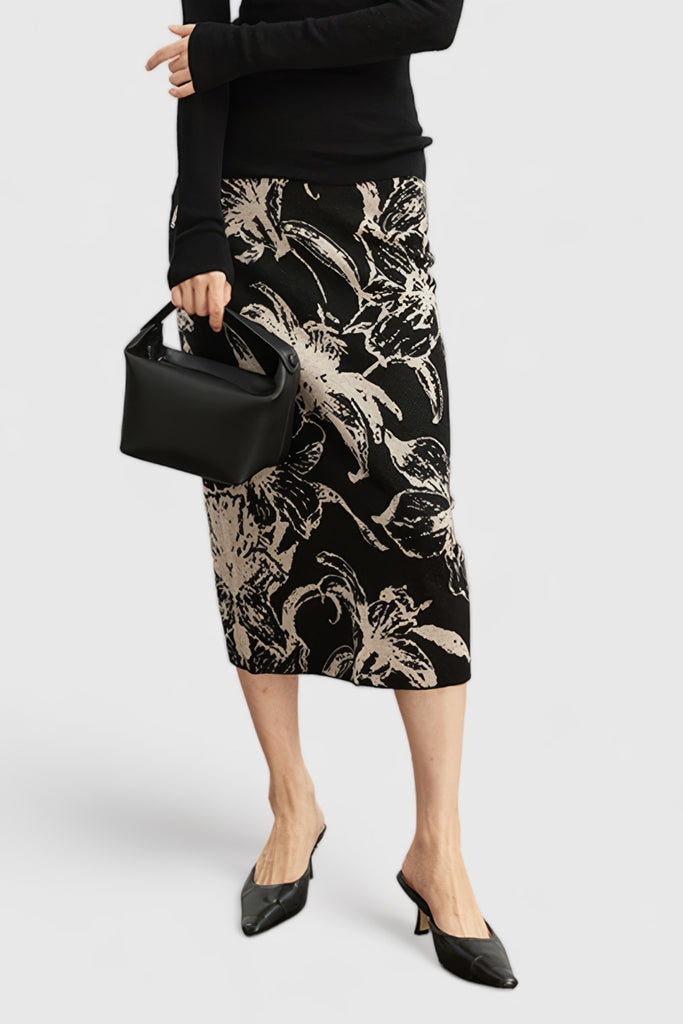 Strikket mønstret midi-nederdel - sort