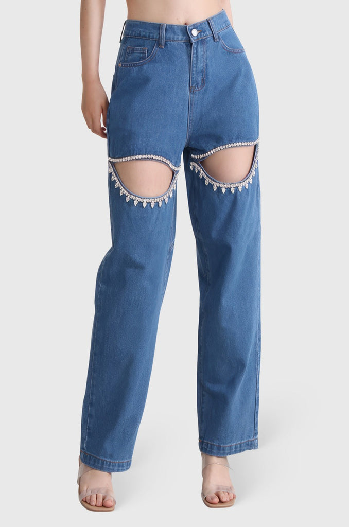 Jeans med høj talje og udskæringer - mørkeblå