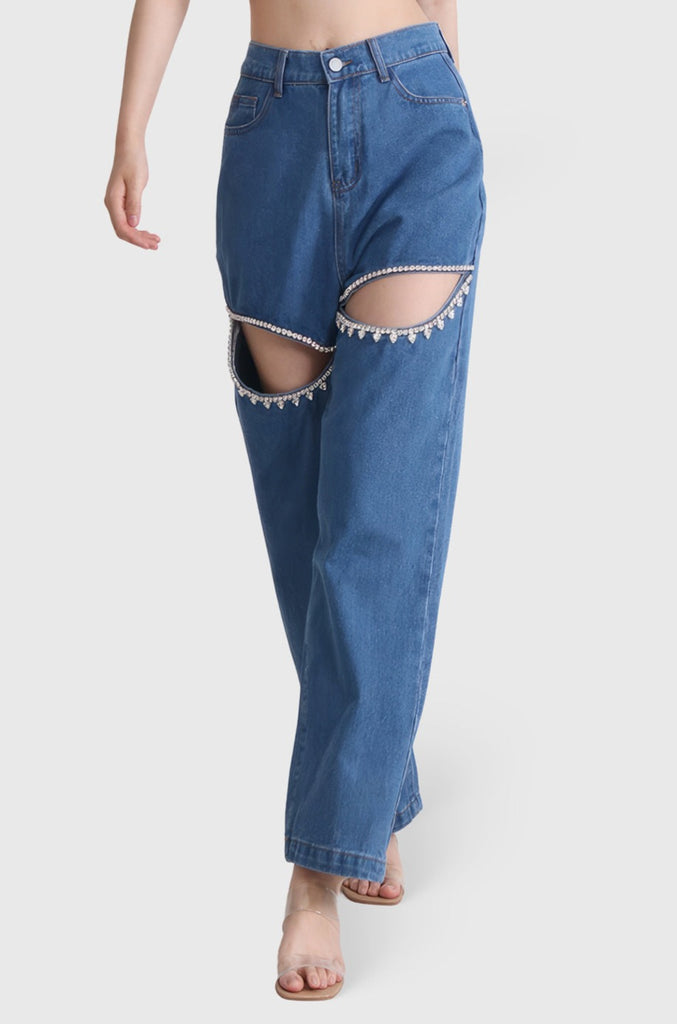 Jeans a vita alta con tagli - Blu scuro