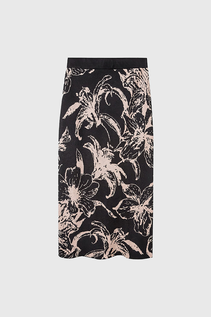 Strikket mønstret midi-nederdel - sort