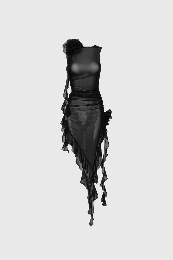Vestido Transparente con Flores - Negro
