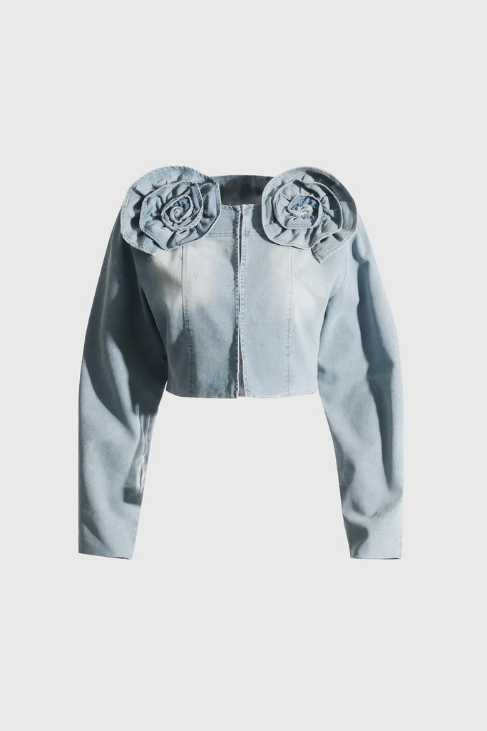 Gekürzte Denimjacke mit Blumen - Blau