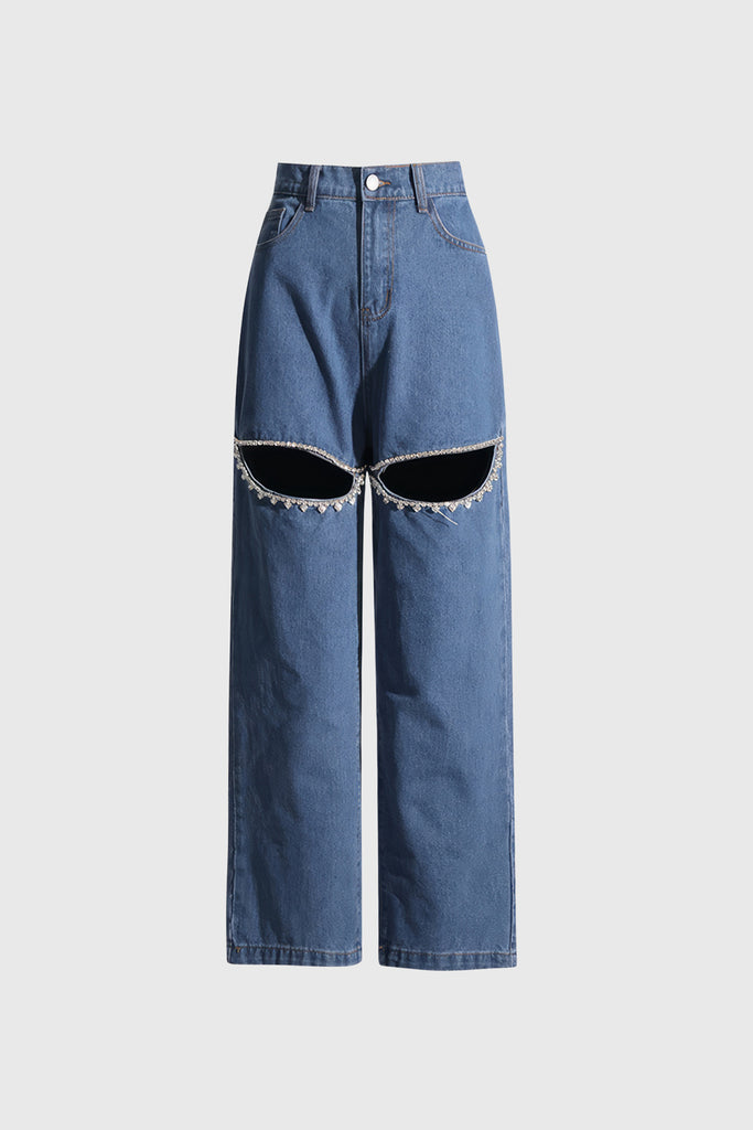 Jeans med høj talje og udskæringer - mørkeblå