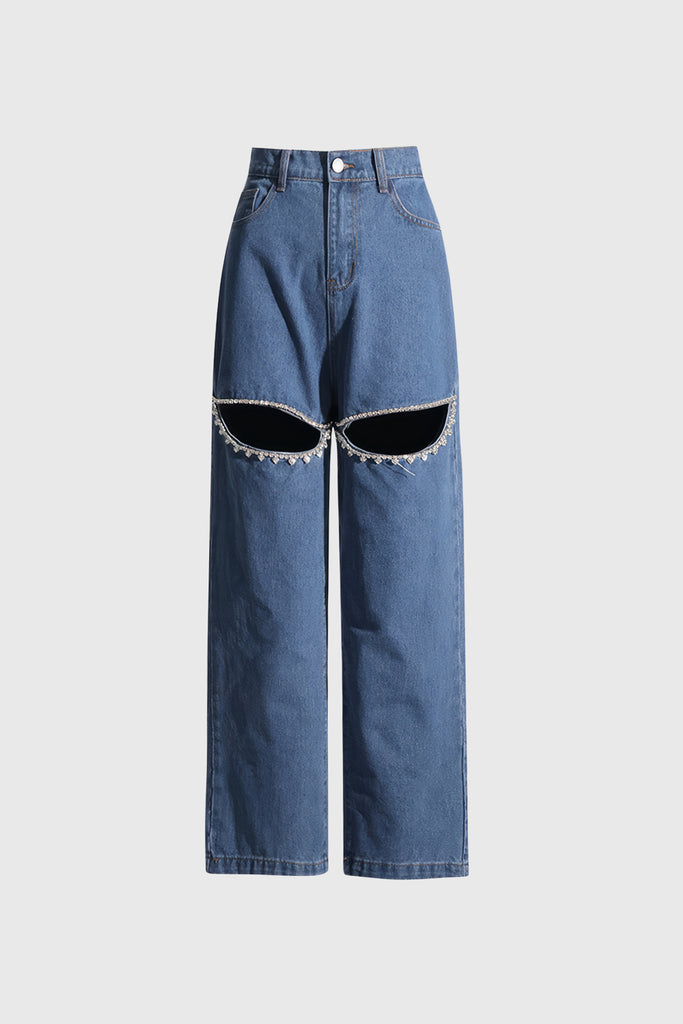 Calças de ganga de cintura alta com recortes - Azul escuro
