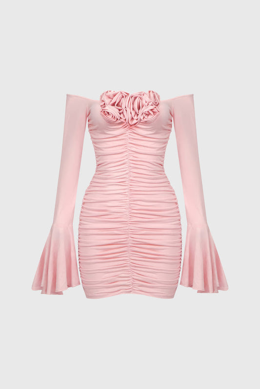 Ruched Dress with Flowers Attached - Pink