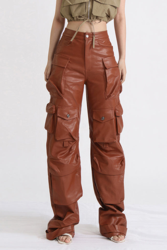 Cargo-bukser i læder - brun