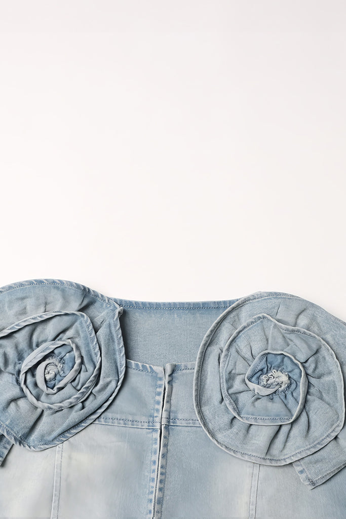 Oříznutá džínová bunda s květinami - modrá