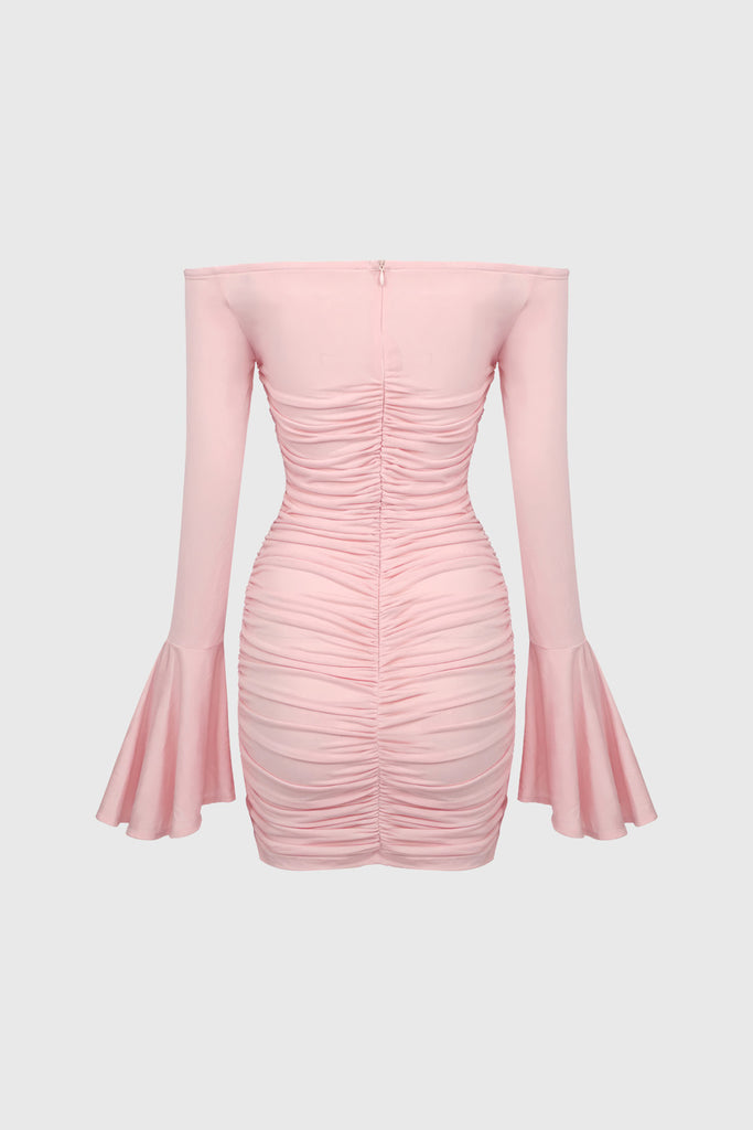 Ruched Dress with Flowers Attached - Pink
