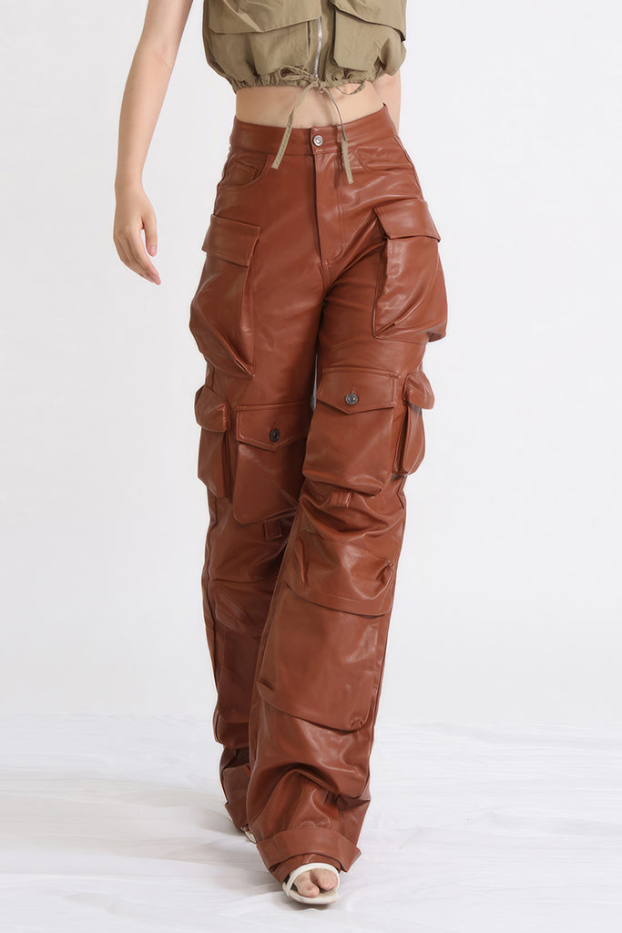 Pantaloni cargo in pelle - Marrone