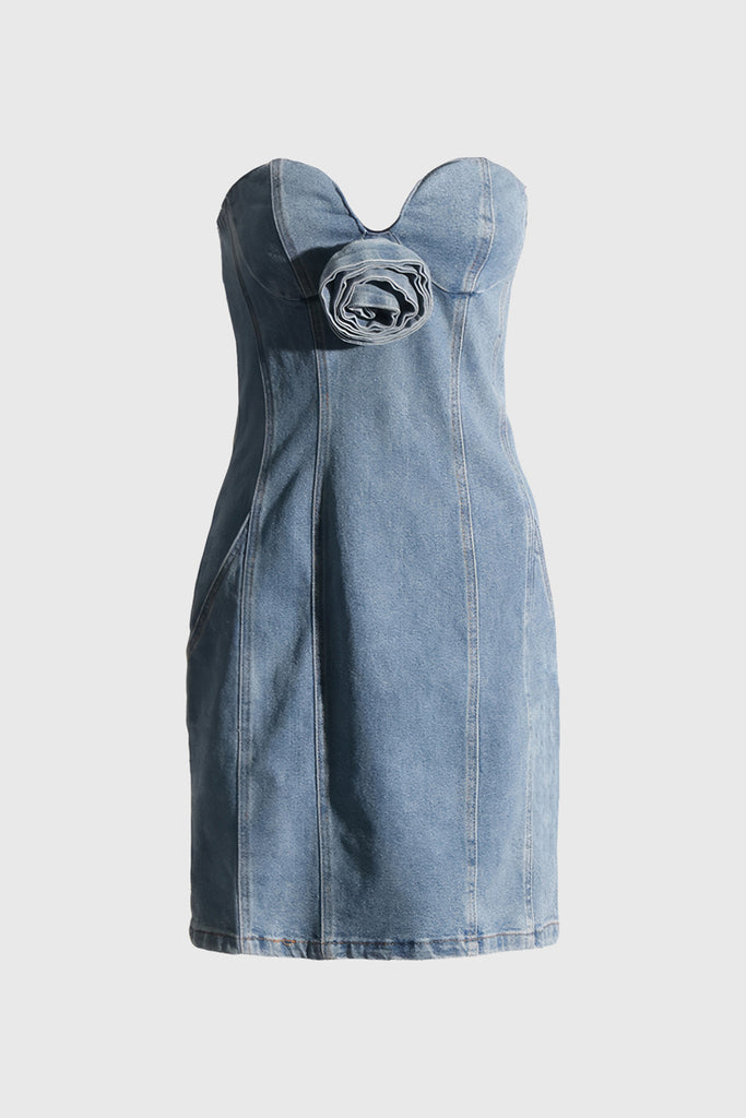 Robe en denim avec détails floraux - Bleu