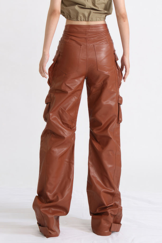 Leather Cargo Trousers - Brown