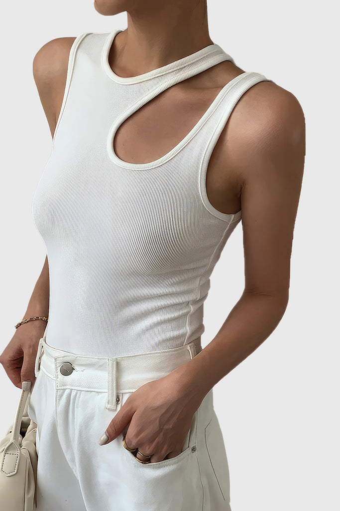 Sleeveless Top with Shoulder Cut - White