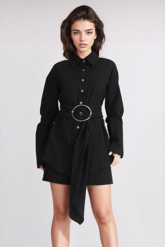 Vestido de camisa com cinto - Preto