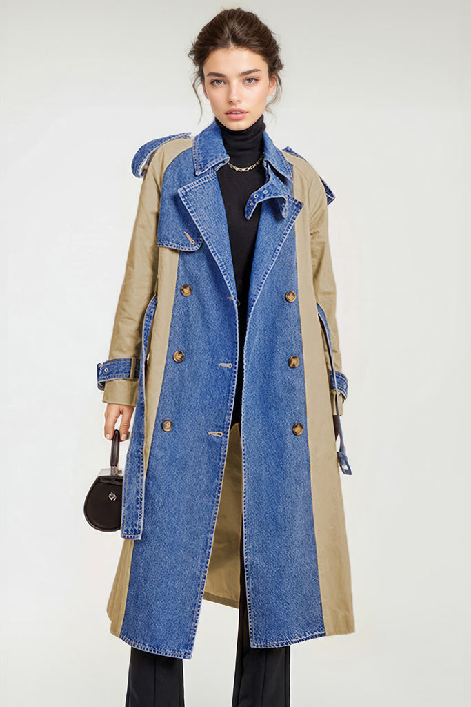 Double Breasted Trenchcoat with Denim Inserts - Brown