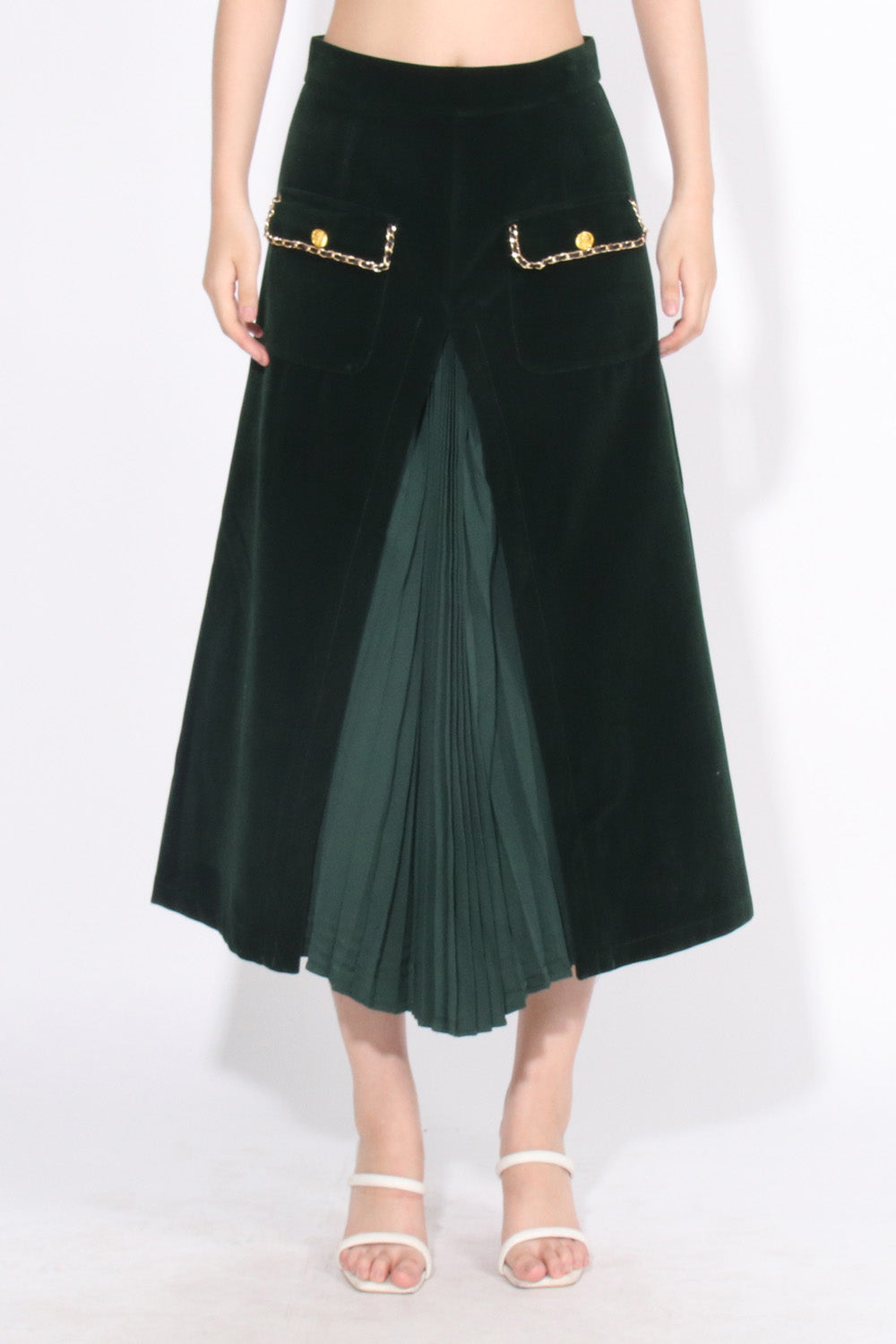 Falda midi de terciopelo de cintura alta - Verde oscuro