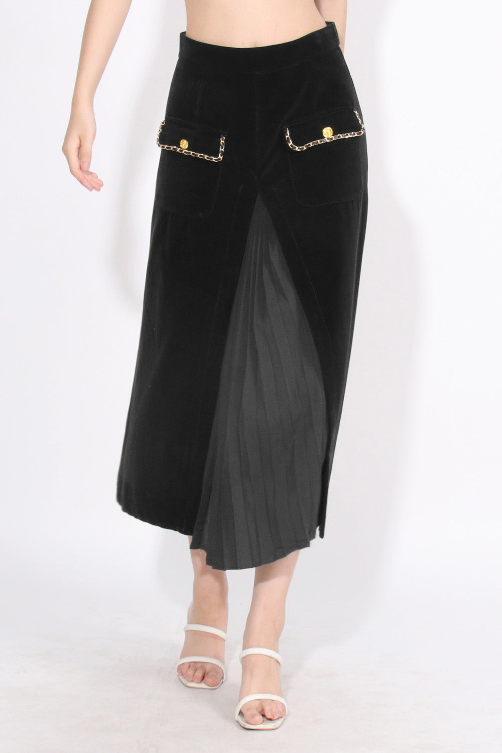 Midi-nederdel i fløjl med høj talje - sort