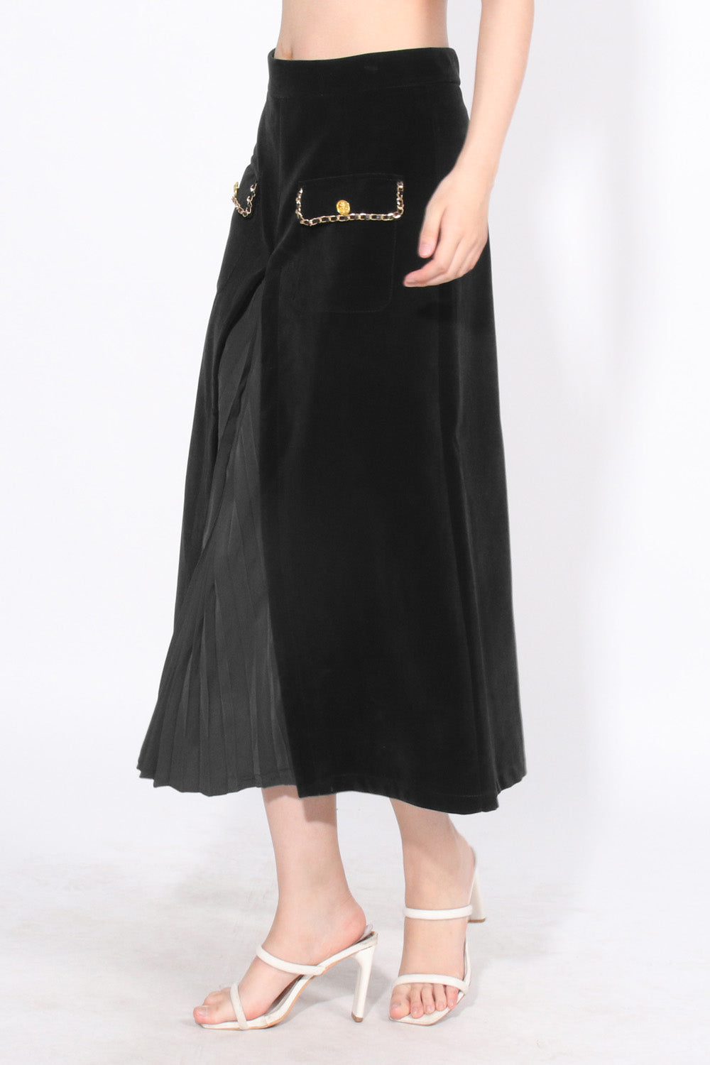 Sametová midi sukně s vysokým pasem - černá
