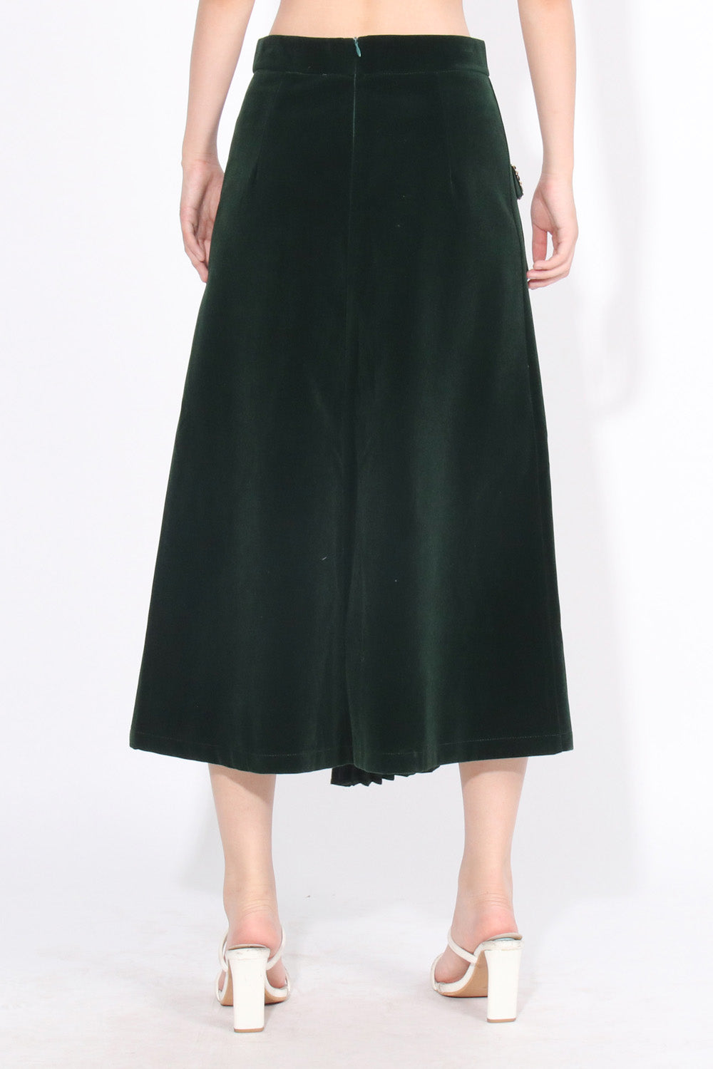Sametová midi sukně s vysokým pasem - tmavě zelená