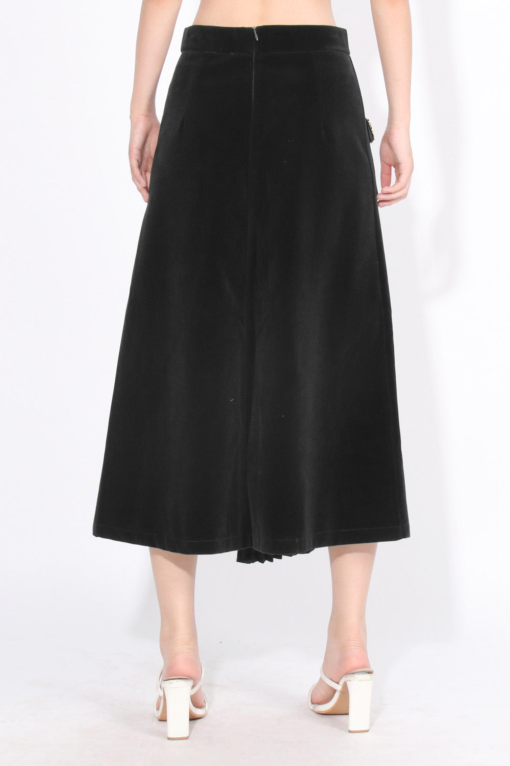 Sametová midi sukně s vysokým pasem - černá