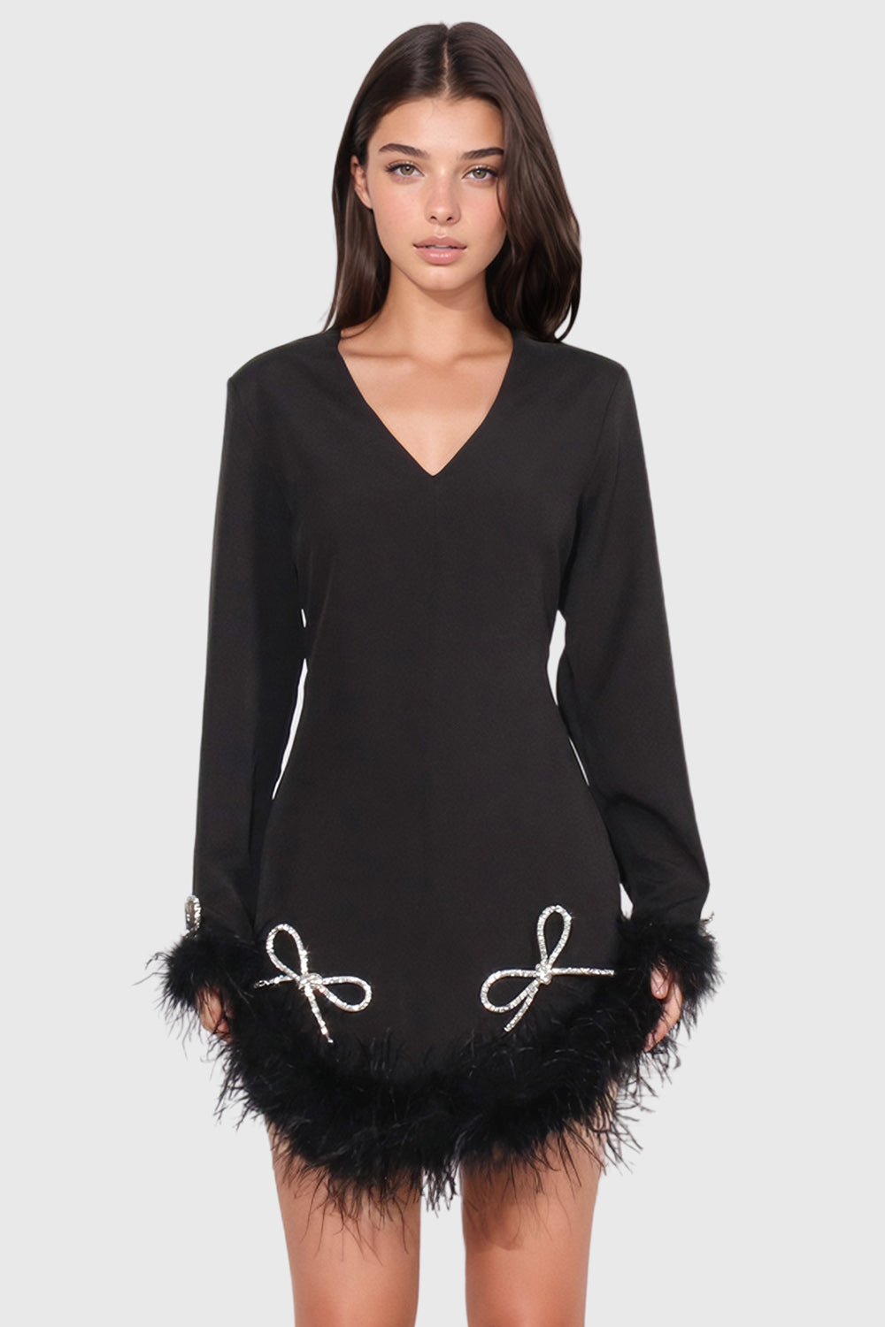 Mini sukienka z dekoltem w szpic i piórami - czarna