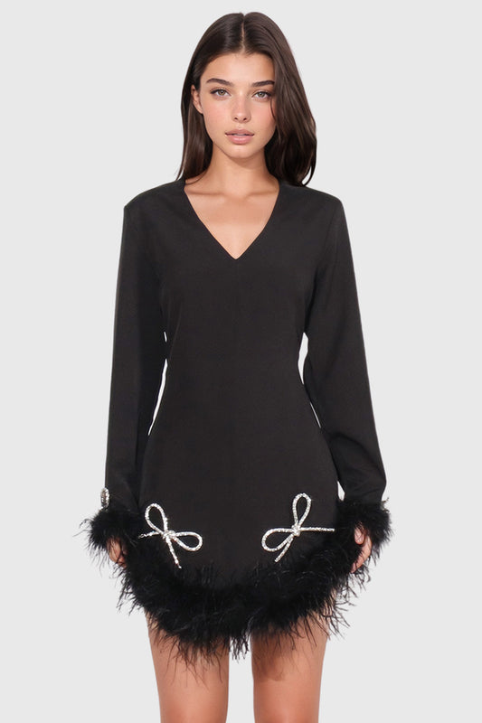 V Neck Mini Dress with Feathers Hem - Black