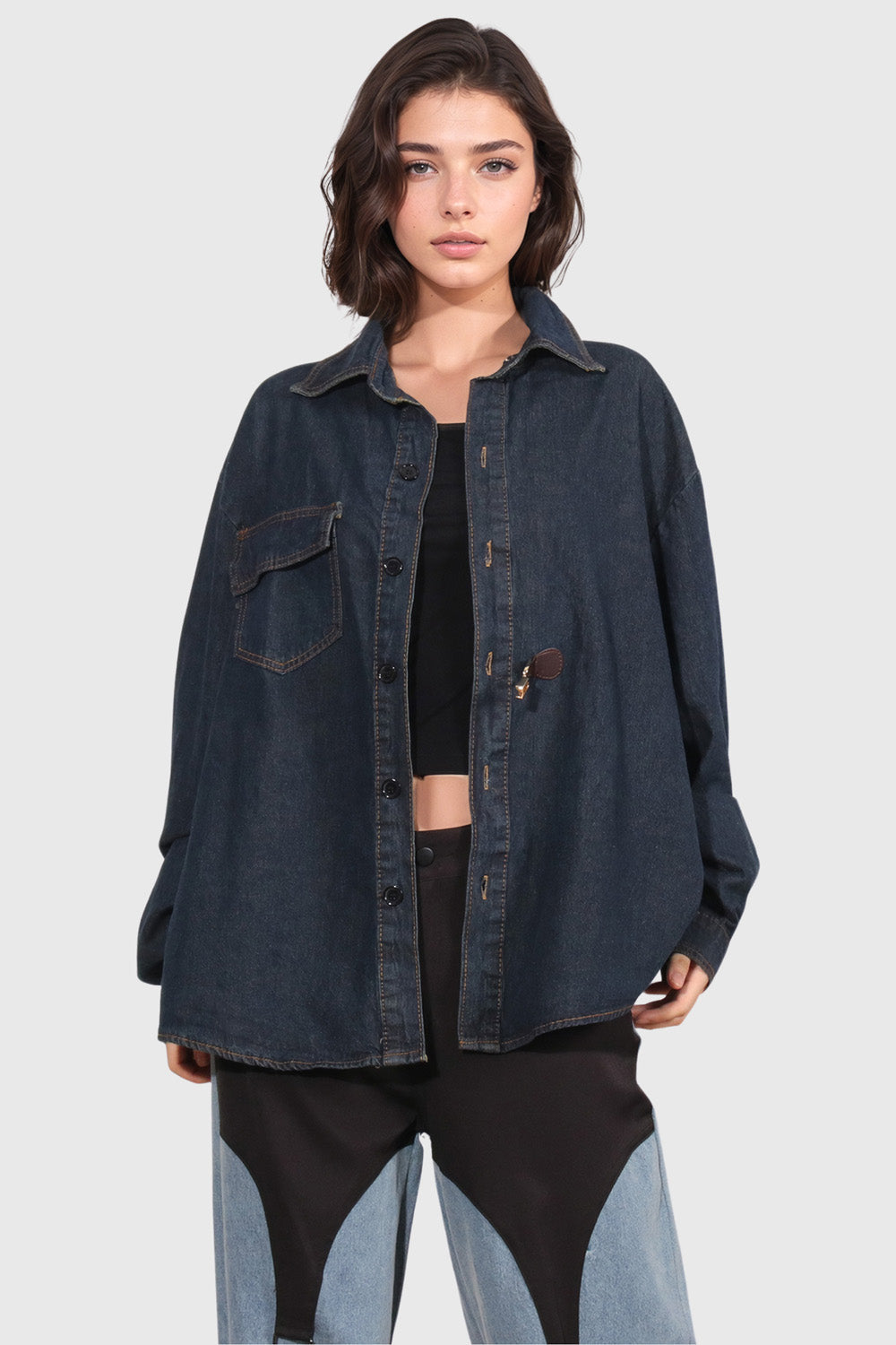 Loose Denim Shirt with Leather Closure Detail - Dark Blue