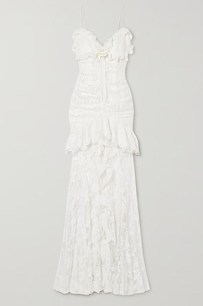 Sukienka maxi z falbankami - biała