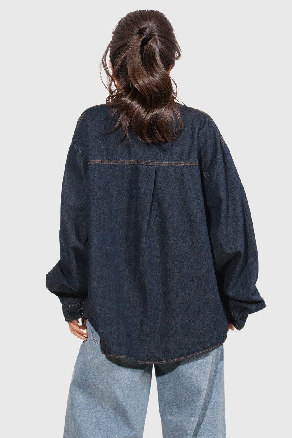 Loose Denim Shirt with Leather Closure Detail - Dark Blue