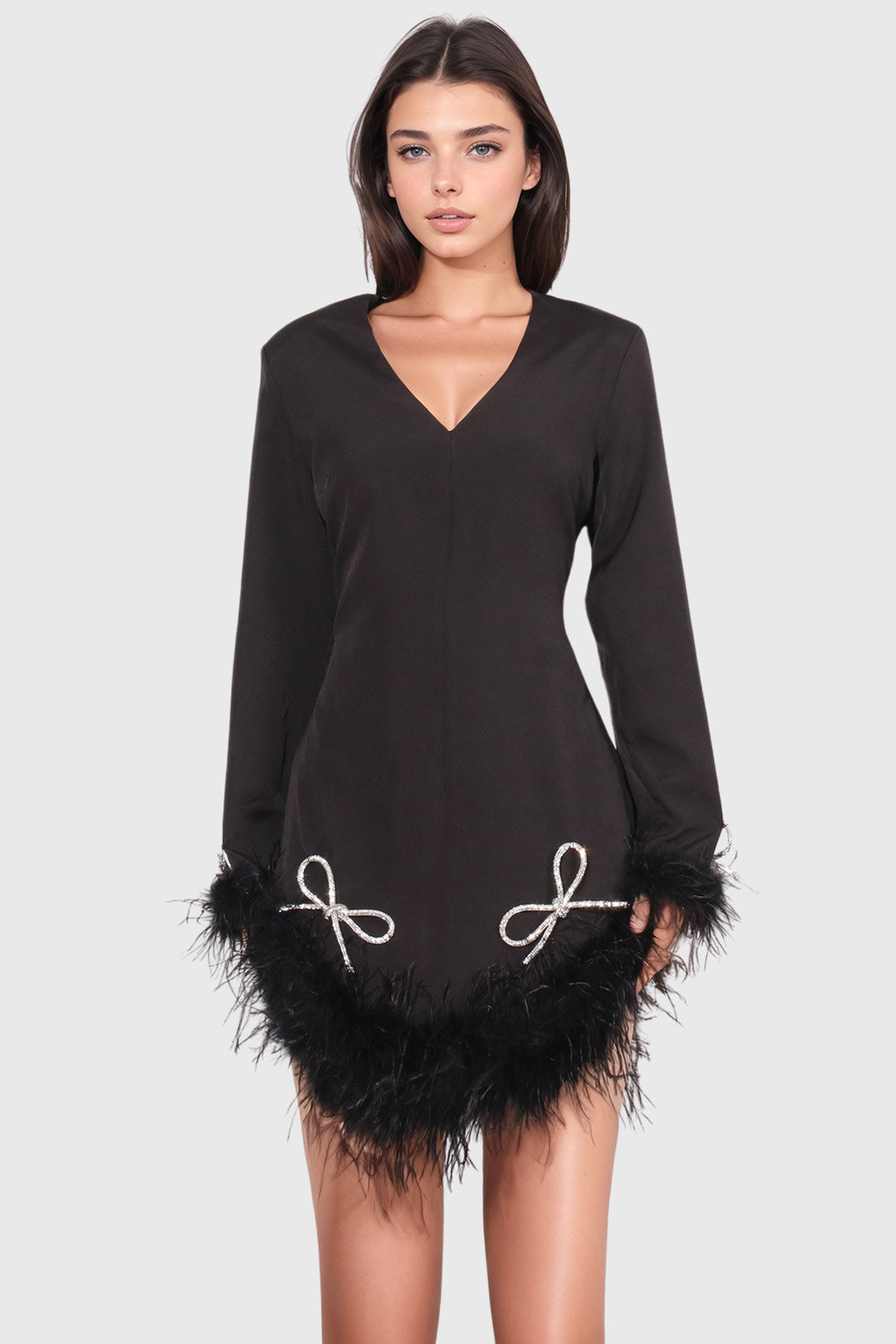 Mini-jurk met V-hals en Verenzoom - Zwart