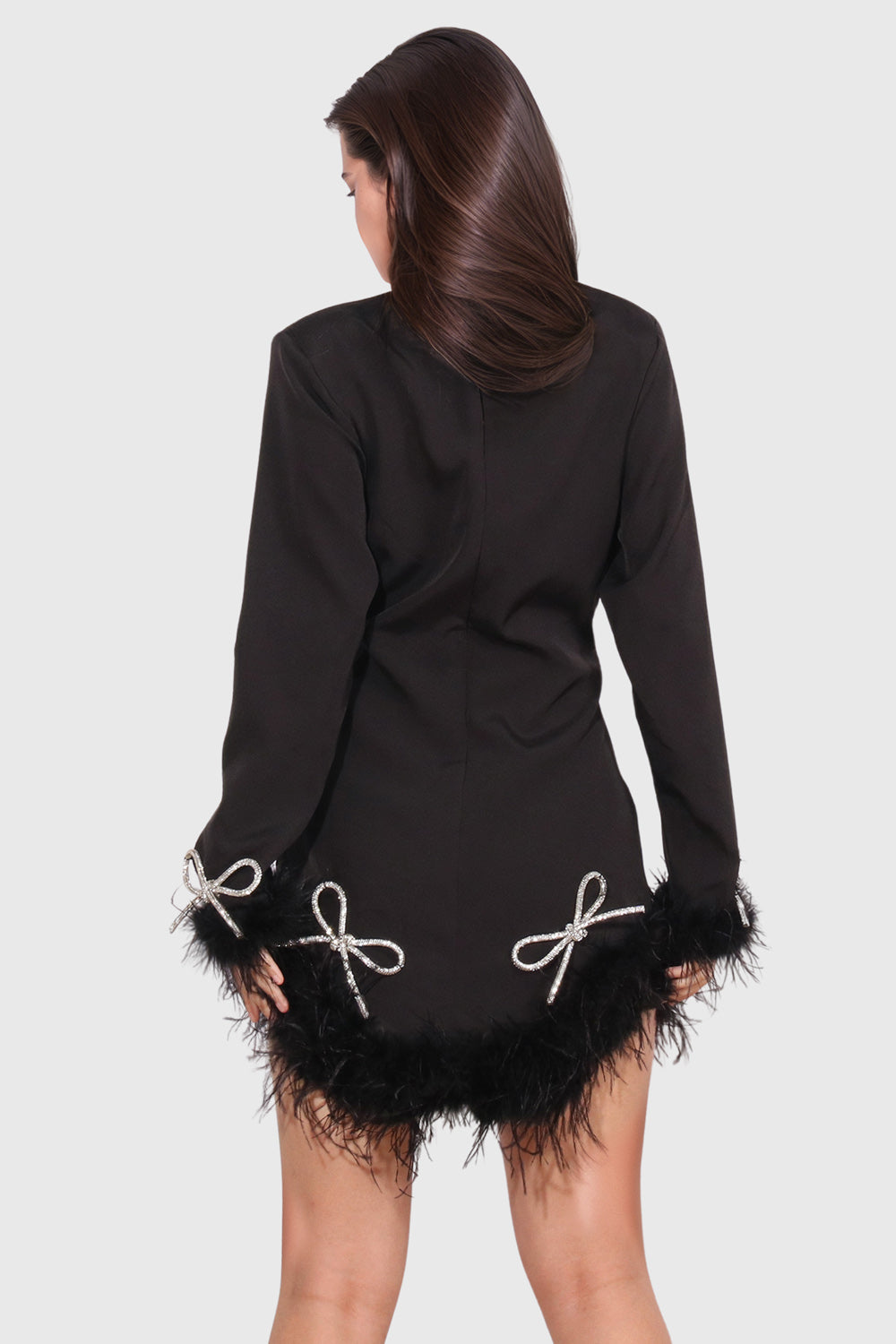 V Neck Mini Dress with Feathers Hem - Black