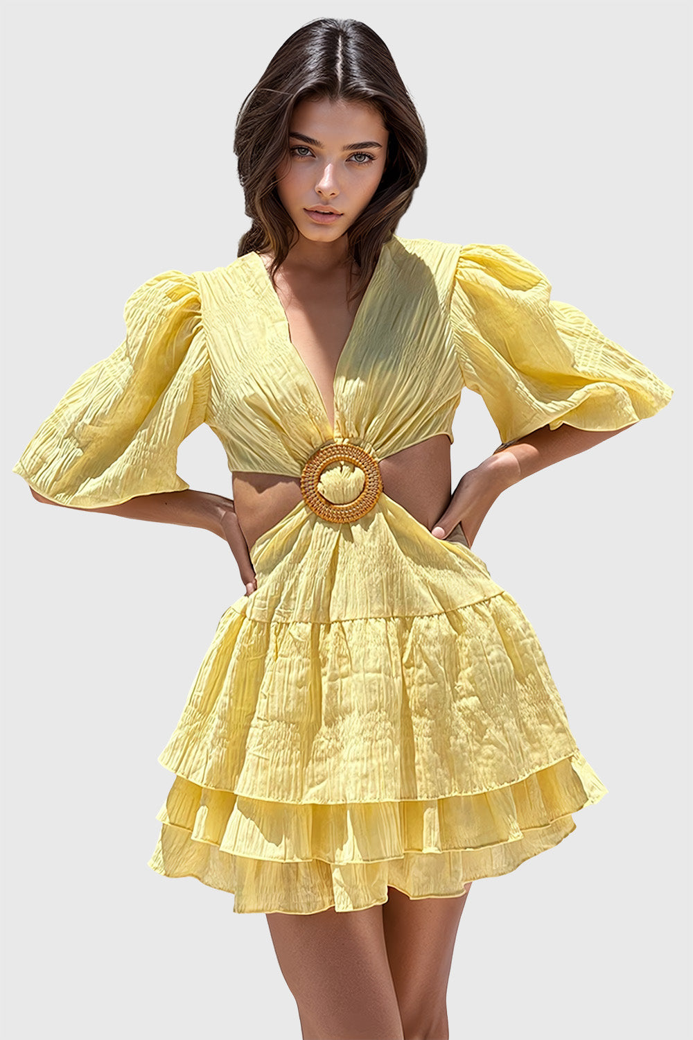 Ruffled Short Dress with Sleeves - Yellow