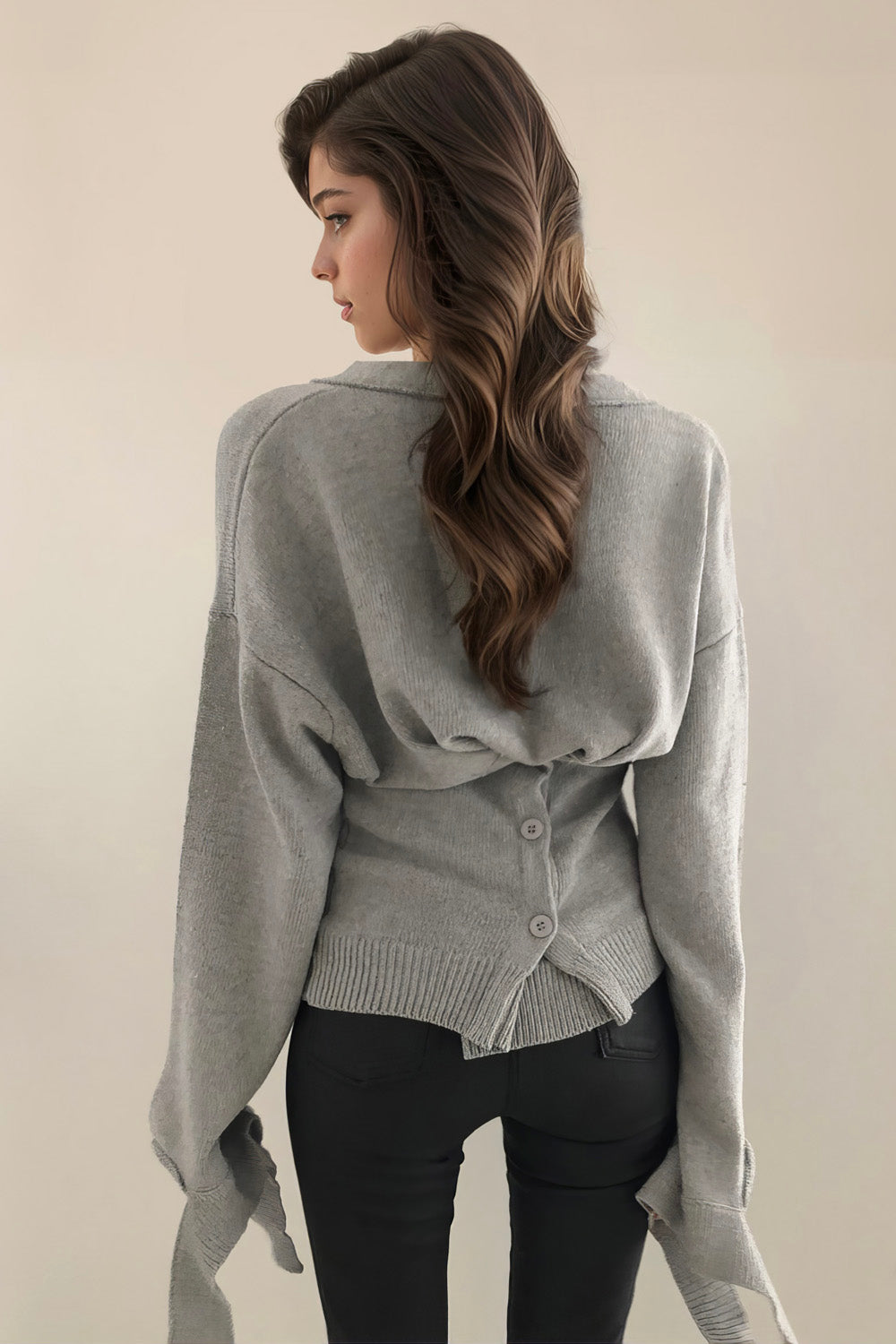 Buttoned Cardigan with Tailored Waist - Grey