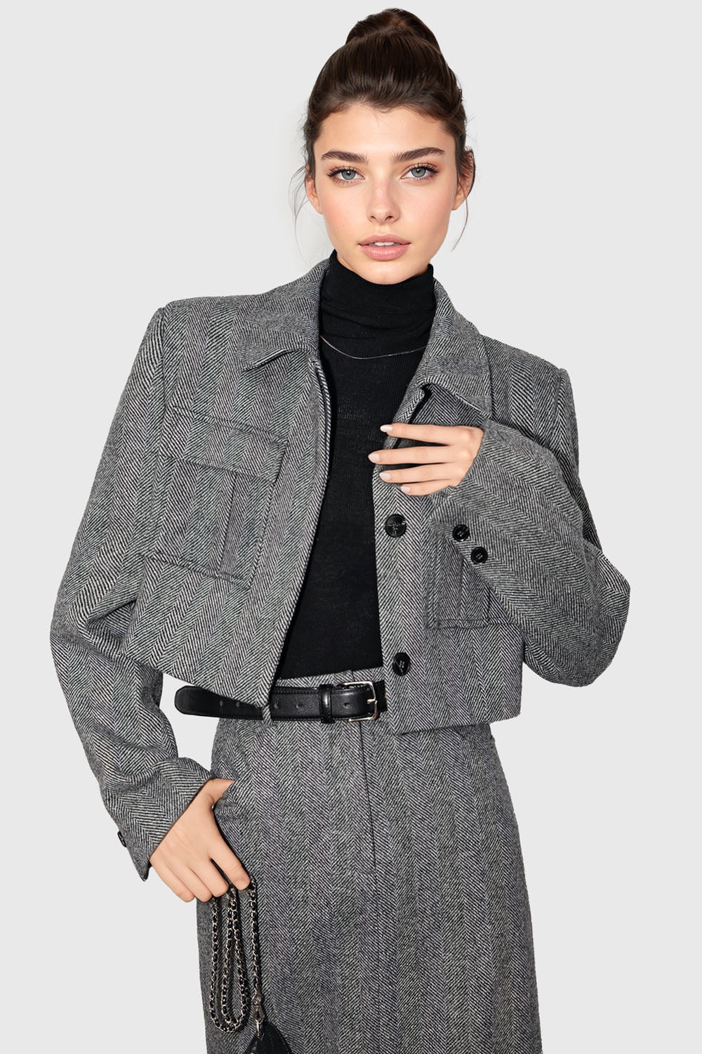 Short Textured Jacket with Pockets - Grey