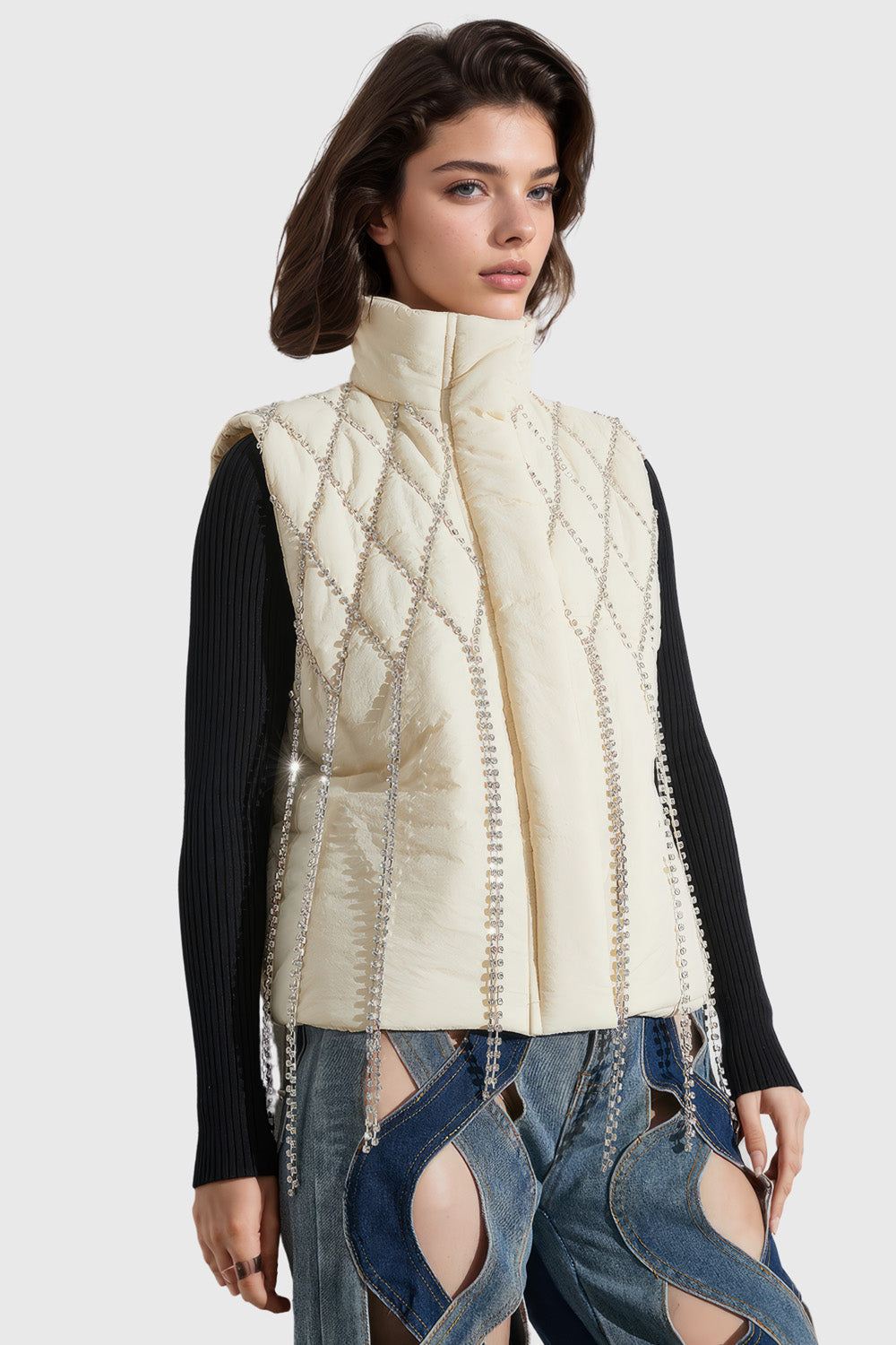 Puffer Vest with Rhinestones - White